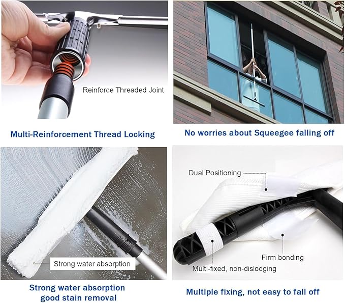 High Reach Glass Cleaning Kit with Squeegee/Microfiber Cloth Outdoor Window Washing Tool with Adjustable Long Pole for Third Floor/ 4S Showroom/Porch Ceiling(26.2ft/8M)