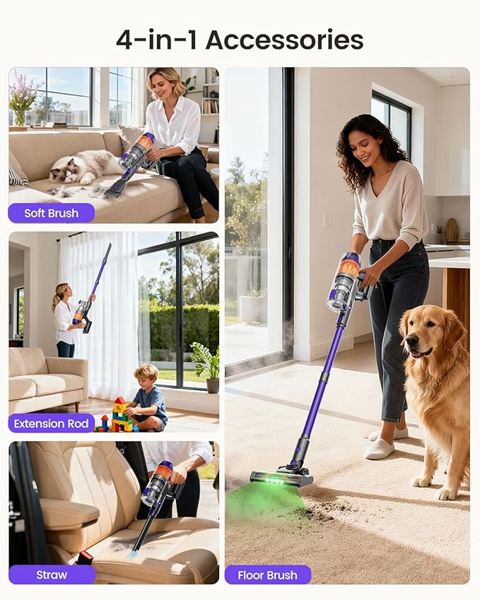 Cordless Vacuum Cleaner500W 40KPa 60Mins Vacuum Cleaners for HomePowerful Stick Vacuum With Green LightAnti-tangle Wireless Vacumm Rechargeable Vacuum for Pet Hair/Carpet/Hardwood FloorPurple