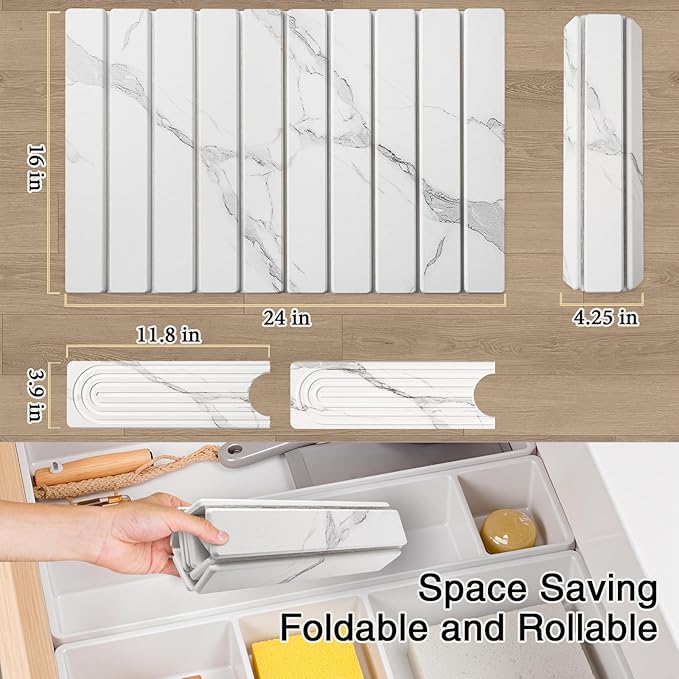 3PCS Set Large Stone Drying Mat for Kitchen Counter Foldable Collapsible Fast Drying Stone Dish Mat Water Absorbing Natural Diatomaceous Earth Bath Mat Quick Dry Stone Tray Bathroom Countertop Marble