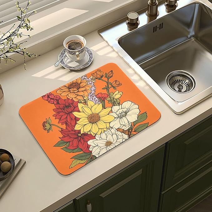 Flowers Dahlia Gladiolus Orange Drying Dish Mat Absorbent Diatomaceous Earth Mat Kitchen Dish Drying Mat Non-slip Dish Drainer Mats Household Essentials