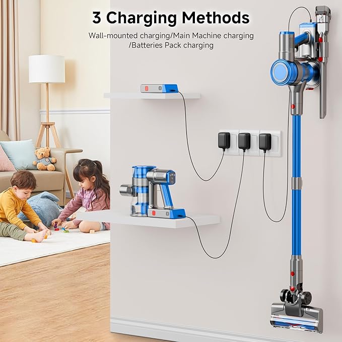 Cordless Vacuum Cleaner for Home Powerful Stick Vacuum Cleaner with Rechargeable Battery 6 in 1 Lightweight Handheld Vacuum 45 Mins Runtime Cordless Vacuum for Hardfloor Carpets Pet Hair (Blue)