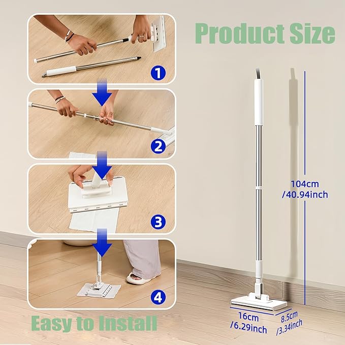 Convenient Cloth Changing Mini Mop with 5 Reusable Cloths Long Handle 360° Rotating Small Flat Mop with One-Click Snap Grip Disposable Lazy Clip Mops for Dry &amp Wet Cleaning (2)