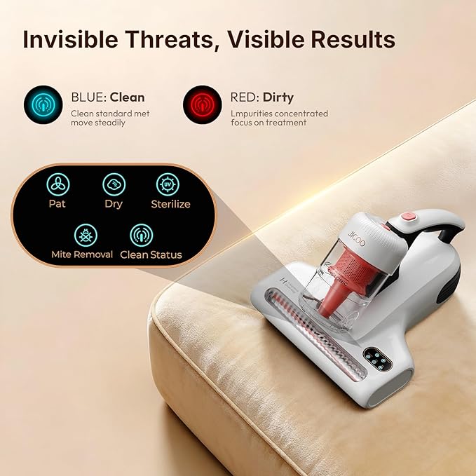 JIGOO J200 Improve Sleep Mattress Vacuum Cleaner Uv Sanitizing Deep Cleaning Bed Vacuum Non-Destructive Fabrics 99.9% Effective Filtration for Allergy Sufferers