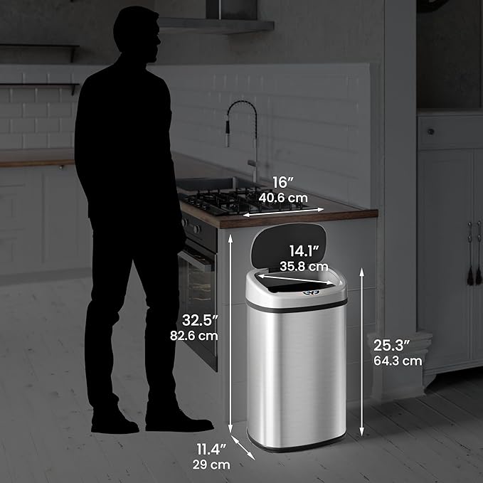 SensorCan 13 Gallon Touchless Sensor Odor Control System Stainless Steel Oval Shape Automatic Garbage Bin Base Model Trash Can