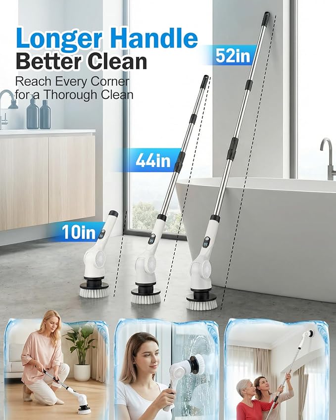 Electric Spin Scrubber 3-Speed Cordless Shower Scrubber with Long Handle &amp 10 Replaceable Brush Heads 90 Mins Runtime &amp Full-Body IPX7 Waterproof Shower Cleaner Brush for Bathroom Kithchen