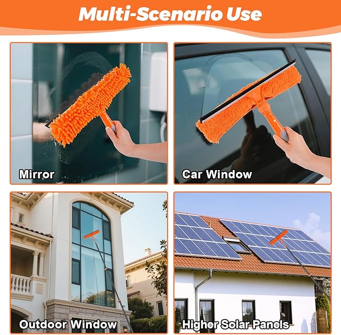 Window Washing Kit with Extension Pole 4.7 to 24FT Long Squeegee for Window Cleaning Indoor Outdoor Carbon Fiber Telescopic Pole for Window Cleaner Tool with Microfibre Pad &amp Chenille Cloth