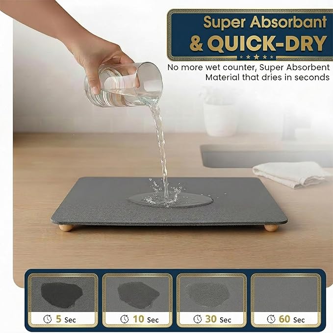 Stone Drying Mat for Kitchen Counter with 5 Wooden Feet 19.7×14.7 Diatomaceous Earth Dish Drying Mat Elevated Drying Stone Mat for Modern Kitchen Countertop (Dark Gray Standard-Solid)