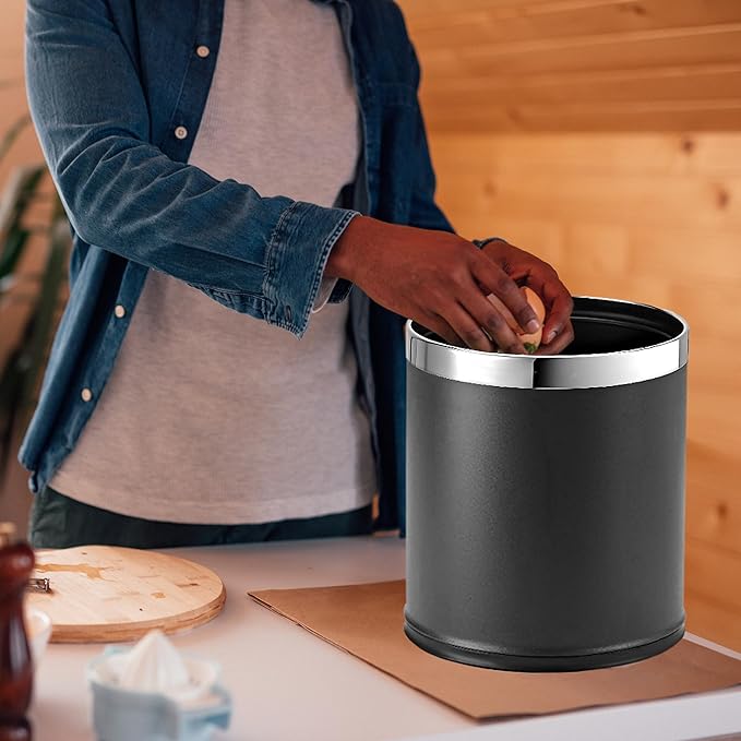 'Invisi-Overlap' Metal Trash Can Open Top Small Office Wastebasket Round Shape (Black)