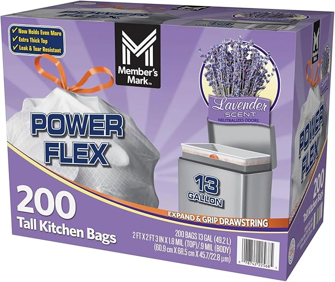 Member's Mark Power Flex Tall Kitchen Drawstring Trash Bags (13 Gallon 2 Rolls of 100 ct. 200 count total)