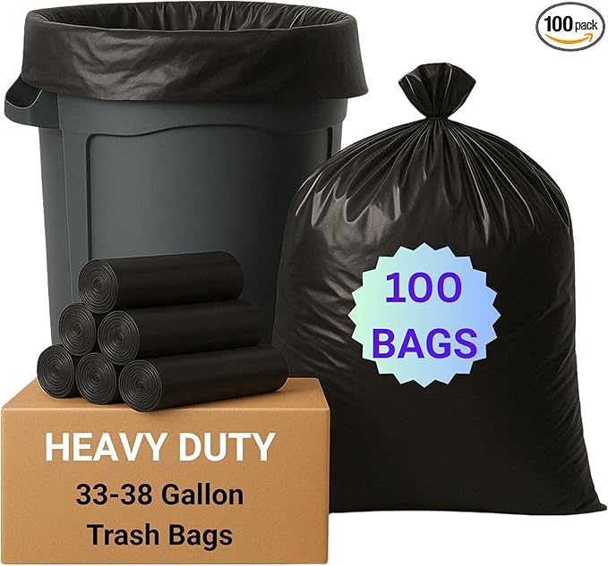 33-38 Gallon Trash Bags Heavy Duty 100 Count Bulk (33'' x 39'') | Black Large Trash Bags 33+ 38 Gallon | Multipurpose for Office Outdoor Recycling Industrial and Commercial