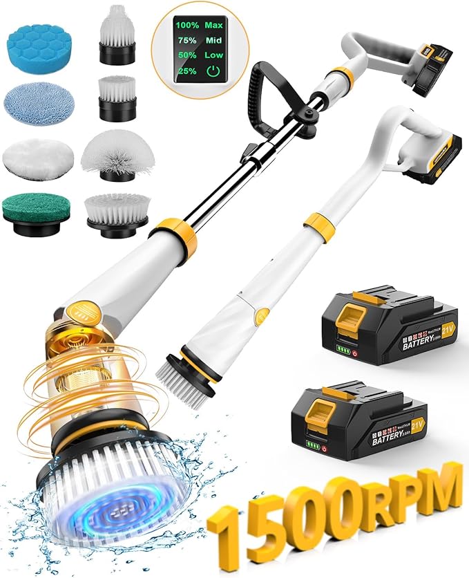 Qimedo Electric Spin Scrubber with Two Batteries Q2 Pro1500 RPM High Power Electric Scrubber for CleaningShower Cordless Cleaning Brush with Display for Tub/Tile/Floor (Effortless Handle/8 Brushes)