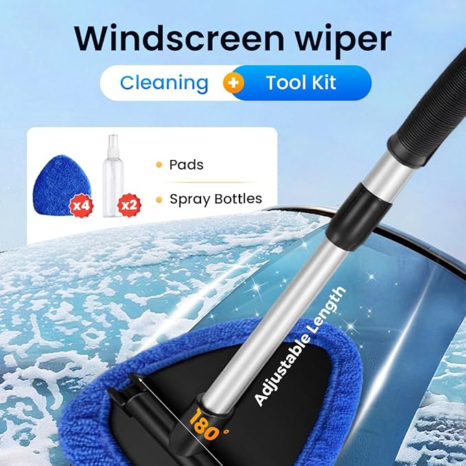 Windshield Window Cleaner Tool Cleaning Supplies for Glass Home 180° Expandable Cleaner Tool with Microfiber Pads and Spray Bottles。