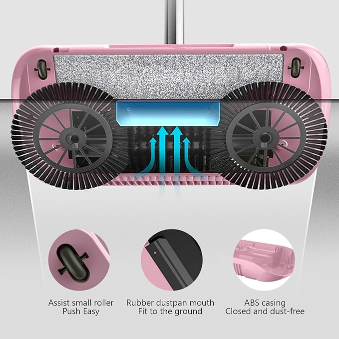 Portable 2-in-1 Manual Vacuum Sweeper 180° Rotating N-Electric Floor &amp Carpet Cleaner Easy Push Home Cleaning Tool (Pink) Style2