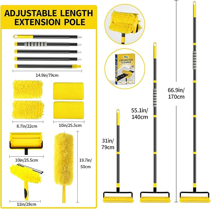 High Ceiling Fan Cleaner Duster for Fans Blades Cleaner with 78.7in Extension Pole Extra Long Handle Cleaning ToolReusable Chenille &amp Microfiber Mop Head for Baseboard Wall Floor Window Glass Wip