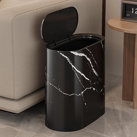 Waste Basket for Bathroom with Lids Plastic Marble Wood Pattern Trash Can Small Garbage Bin with Lid for Bathroom Narrow Waste Basket Modern Waste Basket for Home (Black-11.6 * 11.2'')
