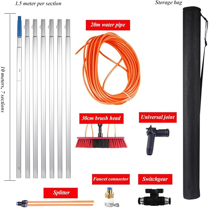 Window Scrubber with Long Handle Glass Cleaning Tools with 30cm Cleaning Brush and 20m Water Pipe for Car Shower Indoor or Outdoor Mirror Door Solar Panel