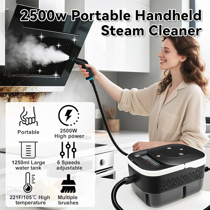 Steam Cleaner 2500W Portable Handheld Steamer for Cleaning Large Capacity Tank Pressurized Steam Cleaning Machine for Home Car Bathroom Kitchen Furniture Grout Floor Tile