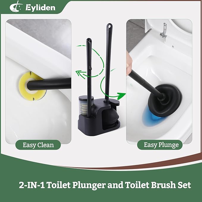 Eyliden Disposable Toilet Brush and Plunger Combo | 2-in-1 Toilet Bowl Wand Kit - 10 Count Pre-Soaked Refill Heads 3-Step Plunger Storage Holder - Compact Toilet Cleaning System (Black)
