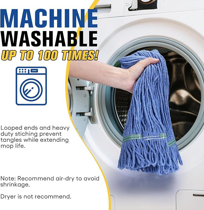 Matthew Cleaning Commercial Mop Head Replacement 5 Inch Wide Headband Looped End Cotton Blend String Wet Mops for Floor Cleaning 28 oz Extra Large 6-Pack Blue
