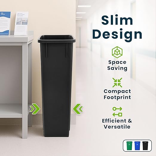 Alpine 23 Gallon Slim Recycling &amp Trash Bin Set – 3-Pack Blue/Black/Green Plastic Narrow Open-Top Garbage Cans for Office Home School &amp Commercial Use
