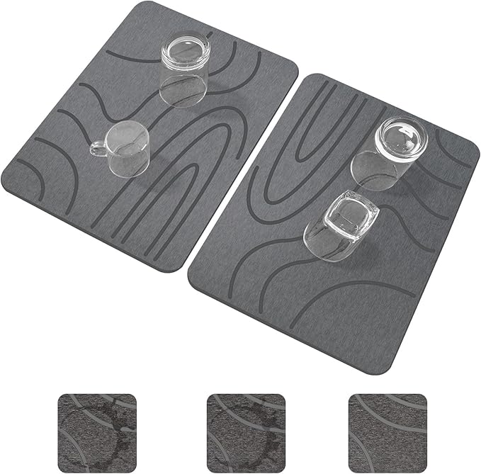 Stone Drying Mat for Kitchen Counter2 Pack 16''x12'' Quick Dish Drying Stone Mat KitchenDouble-sided Diatomaceous Earth Stone Drying MatNo Moisture Residue Stone Dish Drying Mat (Curved Stripes)
