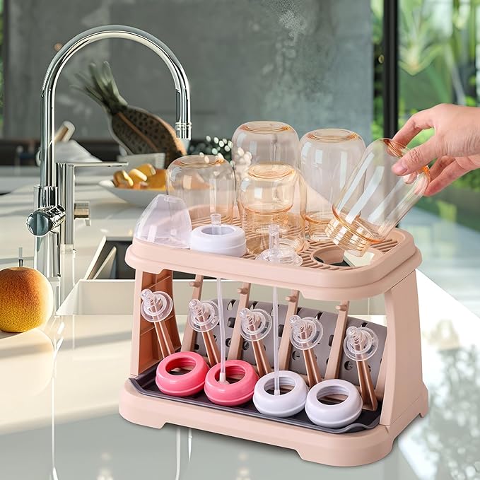 Baby Bottle Drying Rack with Brush &amp Dishwasher Basket - Space Saving Standing Drying Rack for Baby Bottles Pump Parts &amp Accessories Compact Organizer Holds Up to 8 Bottles (Pink Lotus Root)