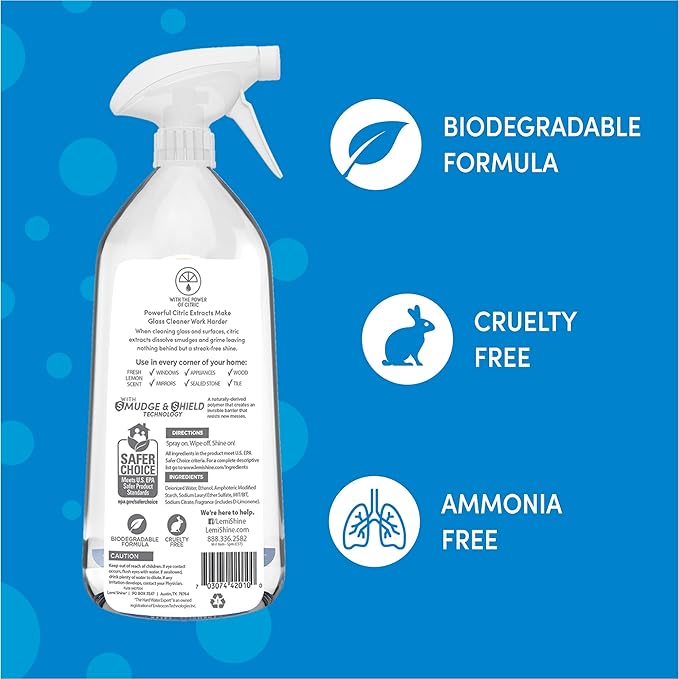 Lemi Shine Glass &amp Surface Cleaner - Multi-Surface Glass Cleaner Spray with Powerful Citric Acid Cleans Smudges and Streaks From Windows Glass And Mirrors 28oz - 3 Pack