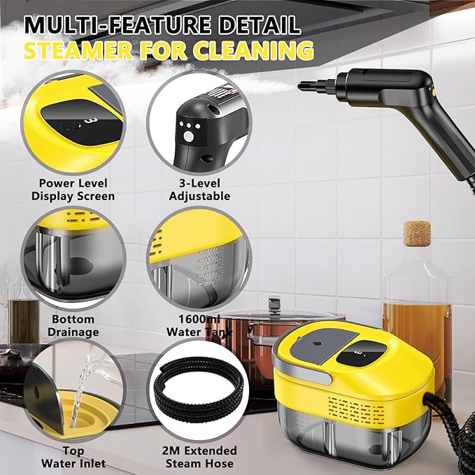 2026 New 3 Level Adjustable Pressurized Handheld Steam Cleaner for Home 10s Heat-Up Handheld Steamer for Cleaning 1.6 Qt Tank Portable Steam Cleaner Handheld for CarGroutTileCouchFloor