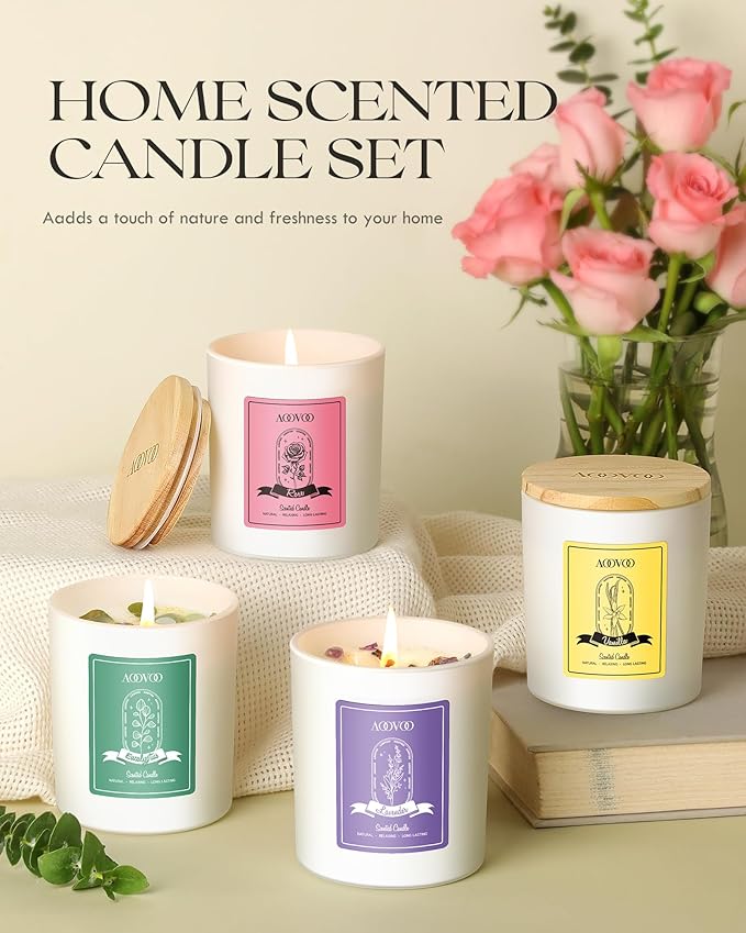 AOOVOO Rose/Vanilla/Eucalyptus/Lavender Scented Candles for Women - Aromatherapy Candle with Crystals Inside 40oz Soy Candles for Home Scented Birthday Gifts Mothers Day Candle for Women Mom