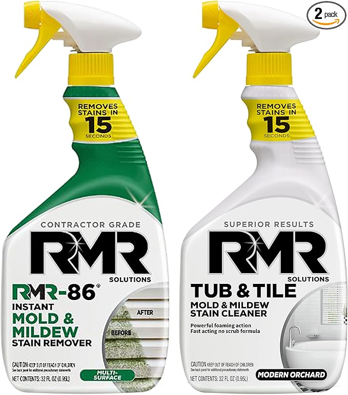 RMR Mold Stain Eraser Max Pack – No-Scrub Tub &amp Tile Cleaner + Instant Mold &amp Mildew Stain Remover Spray Indoor/Outdoor Bathroom Shower Siding &amp Deck Cleaning Kit 2–32 Oz Bottles