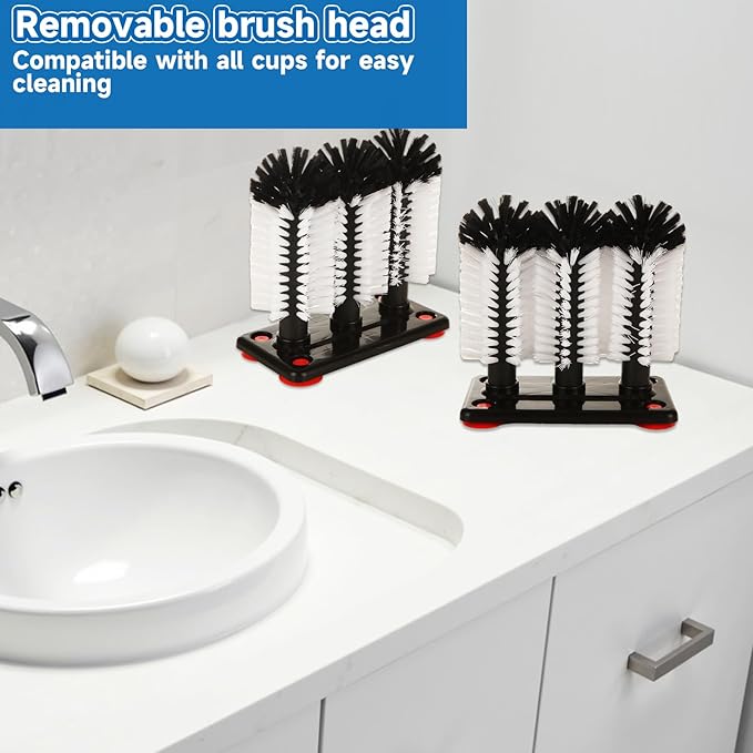 STARVAST 2Pcs Water Bottle Cleaning Brush with Suction Base Black 3 Head Bristle Bar Glass Washer Cup Washer Brush Cleaner for Bar Beer Cup Wine Glass(7.3 x 3.7 x 7.6) Inch