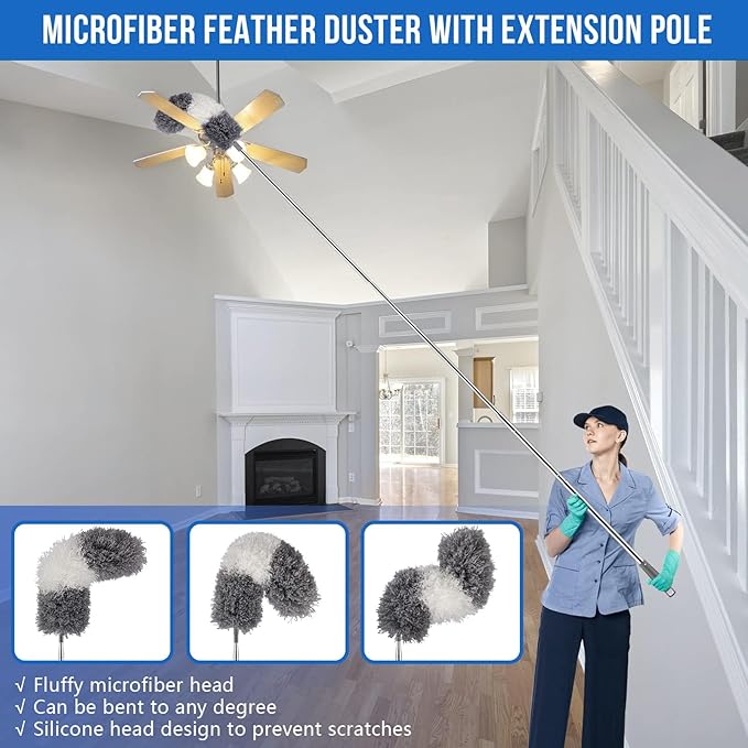 Microfiber Feather Duster 5-in-1 Kit for Dusting and Cleaning – 30–100 Extension Pole Anti-Slip Grip Bendable Washable Heads for Ceiling Fan Furniture Car (Blue)