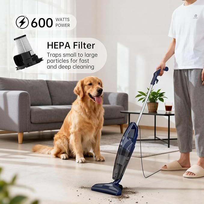 Corded Stick Vacuum for Pet Hair &amp Hard Floors - Lightweight 3-in-1 Handheld with 180°Left-Right Steering 14KPA Powerful Suction on Low-Pile Carpet HEPA Filter 16.4ft Cord 0.7L Capacity (VA00