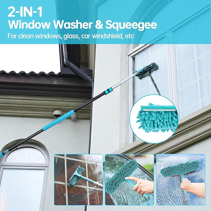 High Ceiling Duster Kits with 3-8ft Heavy Duty Extension Pole - Fan Blade Cleaner Cobweb Remover &amp Blue Window Squeegee Kit Washable Dust Brush and Glass Surfaces Skylight Shades Operating Hook