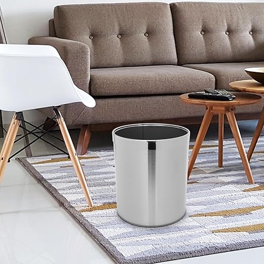 Alipis Stainless Steel Trash Bin Round Wastebasket Single Layer Kitchen Garbage Can Bathroom Litter Box for Home Use