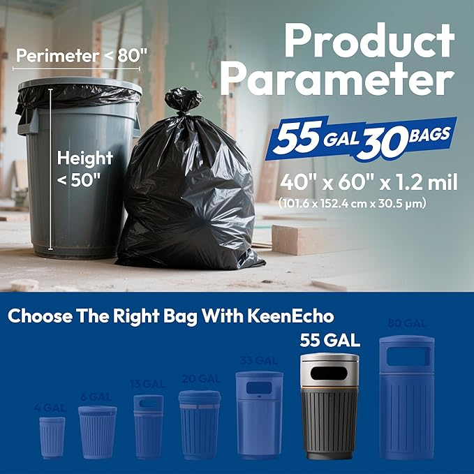 Heavy Duty Contractor Trash Bags 55 Gallon 30 Count 1.2 Mil Strong Black Garbage Bags Leakproof Star Seal for Construction Yard Demolition Debris