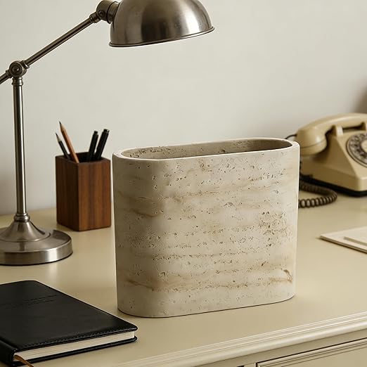 Natural Travertine Textures Mini Trash Can Small Counter Rectangle Trash Can for Bathroom Kitchen Table Desk Tiny Waste Basket for Vanity - Silicone Pad Anti Scratch Non-Slip (Made of Resin)