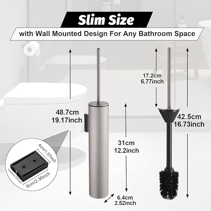 BGL Toilet Brush and Holder Set Brushed Nickel Wall Mounted for Bathroom Round Design