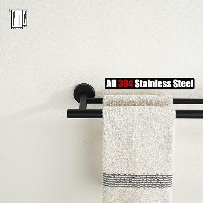 JQK Double Bath Towel Bar Matte Black 33 Inch 304 Stainless Steel Thicken 0.8mm Towel Rack for Bathroom Towel Holder Wall Mount Useable Length 30 Inch 2 Pack TB100L30-PB-P2