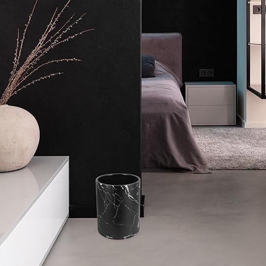Modern Marble Pattern Trash Bin for Home and Office Lidless Wastebasket for Bedroom Bathroom Kitchen and Stable Garbage Container Stylish Black Trash Can