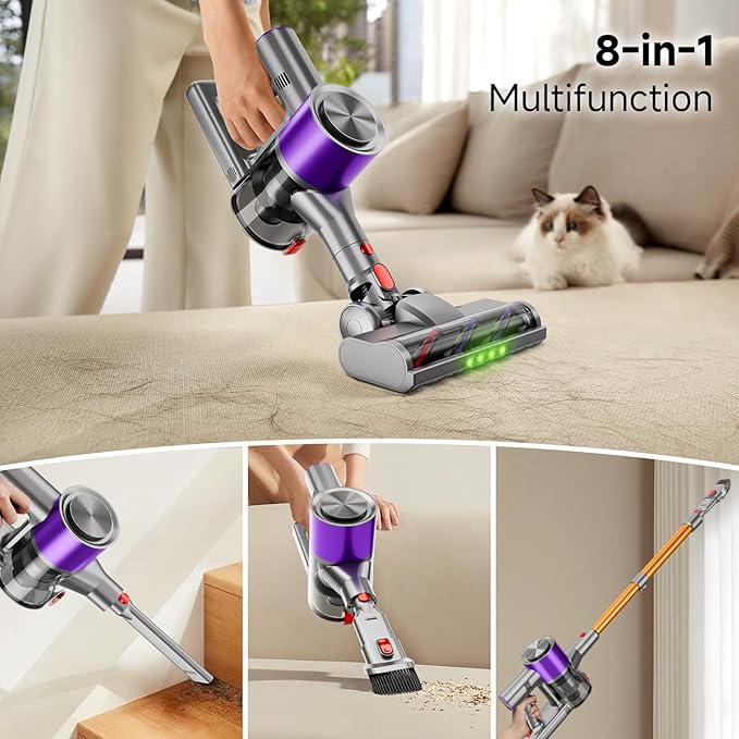 Cordless Stick Vacuum Cleaner 38Kpa Powerful Suction Vacuum Cleaner with LED Headlight Detachable Battery 8-in-1 Lightweight Handheld Vacuums for Pet Hair Carpet and Hardwood Floor Purple