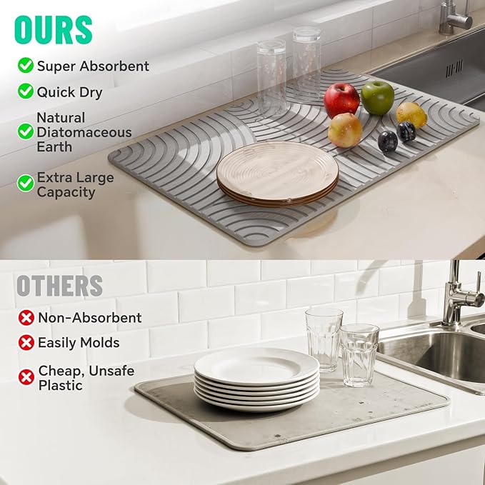 NiHome Large Stone Drying Mat for Kitchen Counter 24x16 Quick Dry Diatomaceous Earth Kitchen Mats - Fast Absorbent Non-Slip Dirt-Resistant Stone Dish Drying Mat for Dishes Bottles Cups Bathroom