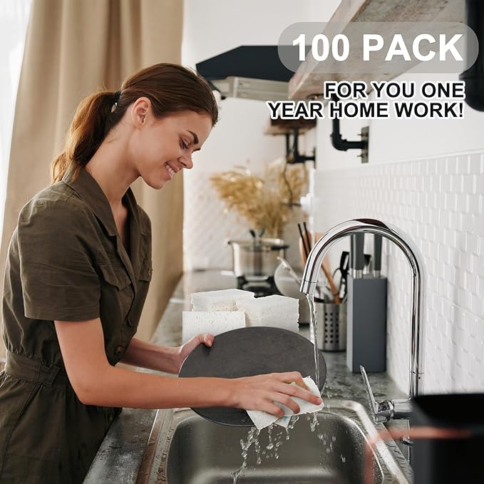 Zhengmy 100 Pieces Sponges Kitchen Compressed Sponges Bulk Natural Dish Sponge Compressed Wood Pulp Cleaning Sponge Without Scratching for Kitchen Bathroom 3.9 x 2.4 x 0.12 Inch (White)