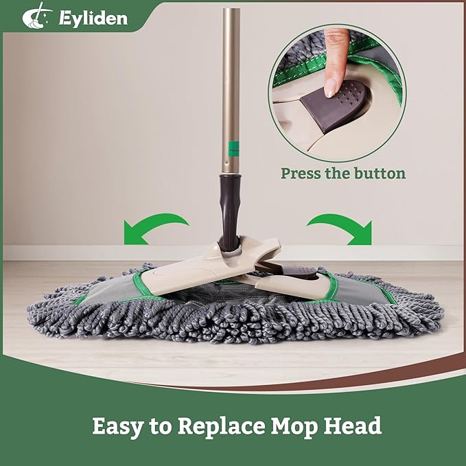 Eyliden Pro Dust Mops for Floor Cleaning - Total 3 Washable Microfiber Pads One-Click Replacement Telescopic Handle Professional Design for Floors &amp Pet Hair (Grey+Green)