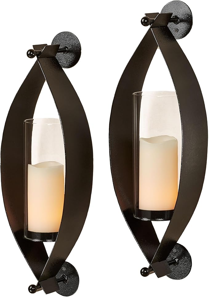 Touch of Class Xander Wall Sconce Pair - Handcrafted Steel - Black - Glass Hurricane - Set of 2 - Metal Sconces Holder for Bedroom Bathroom Living Room Kitchen Walls Hallways