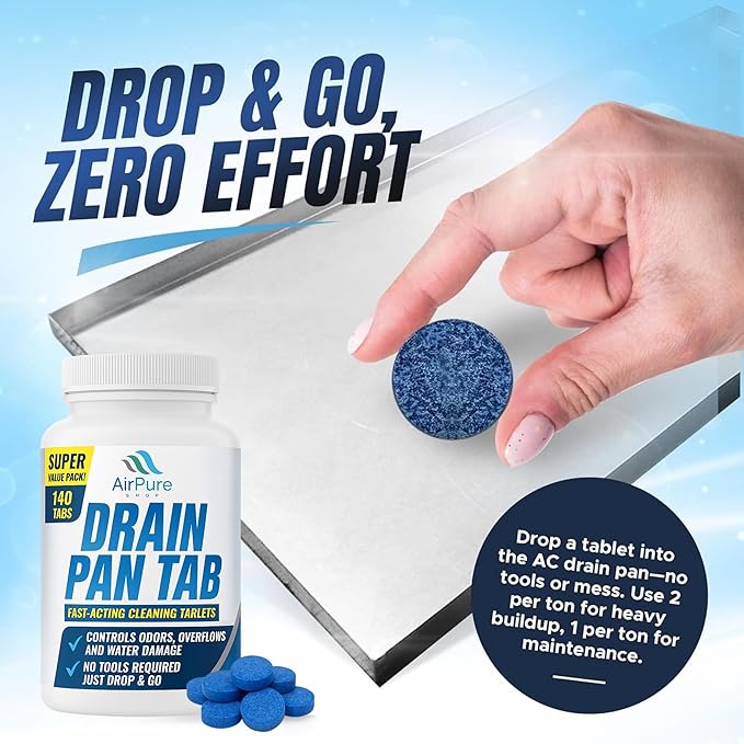 Air Pure Drain Pan Tabs - 140 Flow Treatment Tablets for HVAC &amp AC Condensate Pan Treatment | Prevents Overflow Cleans Drain Lines &amp Eliminates Odors
