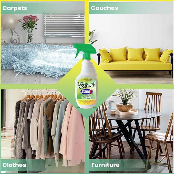ZORBX See Nothing Spot &amp Stain Remover Spray (24 oz.) - All Purpose Cleaner for Shoes Clothes Furniture &amp Pet bedding - Fast-Acting Scrub-Free Odor &amp Enzyme Stain Remover for Ink Blood