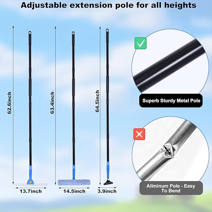 3-in-1 Professional Window Squeegee Kit with 2 Squeegee 2 Microfiber Scrubber 1 Razor Scraper Thick Iron 63.4 Window Squeegee with Extension Pole for Car Glass Mirror Wall Bathroom Home Van