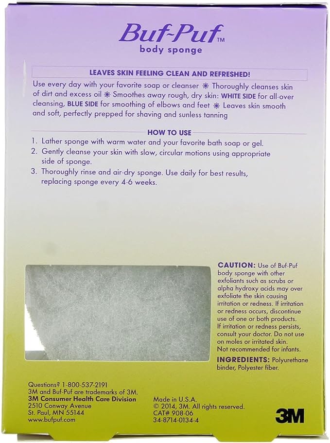 Buf-Puf Body Sponge Bath Sponge Dermatologist Developed Cleanses Skin of Dirt and Excess Oil Reusable Exfoliating 4 Count