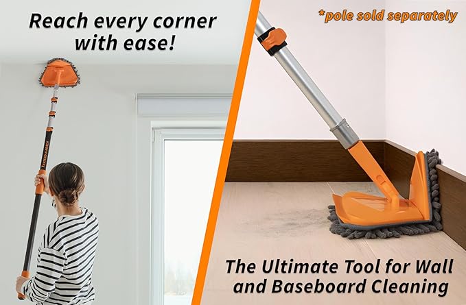 Wall Cleaner Tool with 4 Replacement Pads // 3-in-1 Wall Washer Mop for Walls Baseboards and Windows // Wall and Baseboard Cleaner Fits All Extension Poles with Acme Thread (Pole Sold Separately)